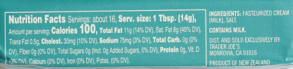 Trader Joe's New Zealand Salted Butter nutritional information and ingredients