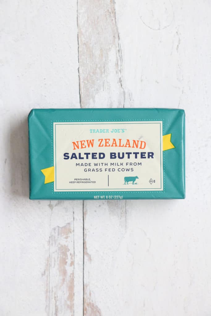 An unopened package of Trader Joe's New Zealand Salted Butter