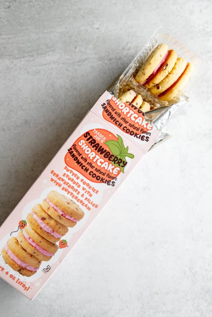 The opened package of Trader Joe's Strawberry Shortcake Sandwich Cookies
