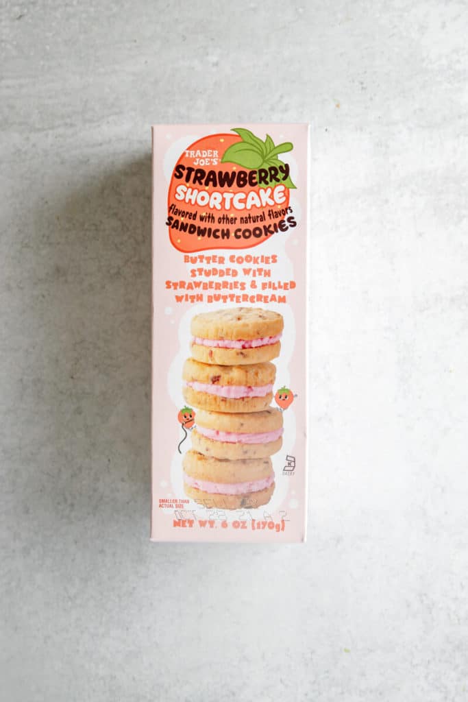 The unopened box of Trader Joe's Strawberry Shortcake Sandwich Cookies