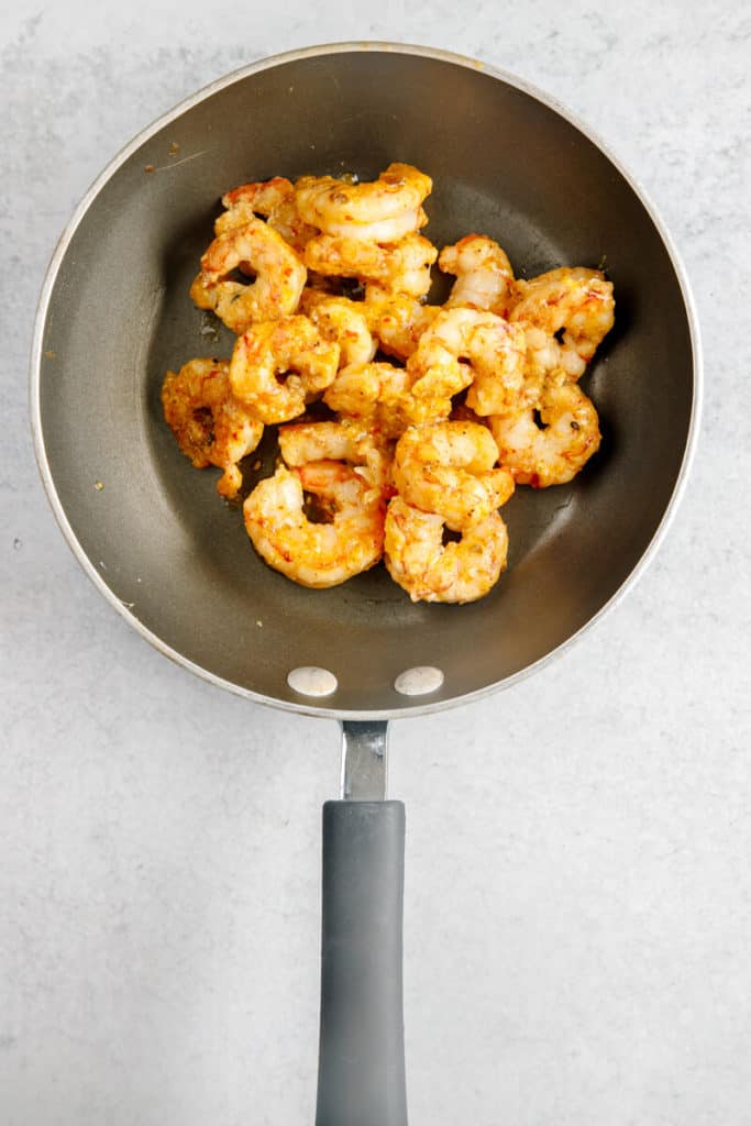 Fully cooked Trader Joe's Argentinian Red Shrimp in a frying pan