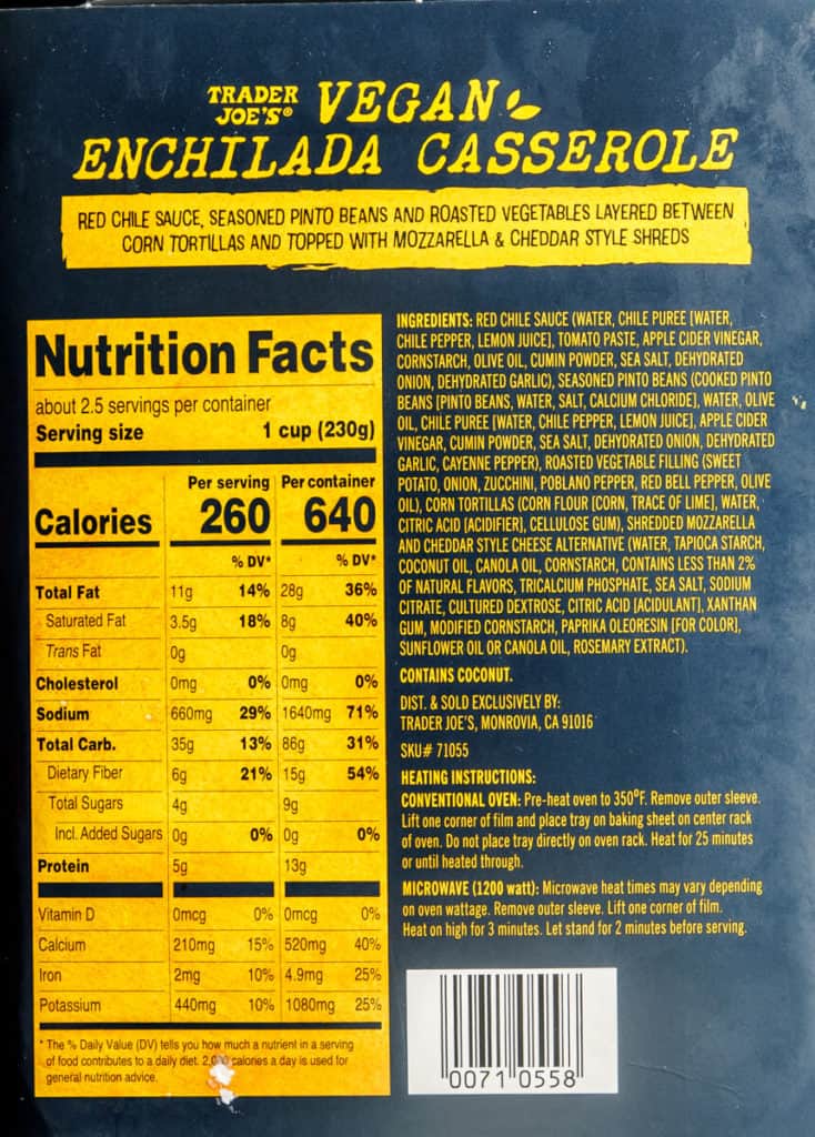 Ingredients and nutritional facts in Trader Joe's Vegan Enchilada Casserole
