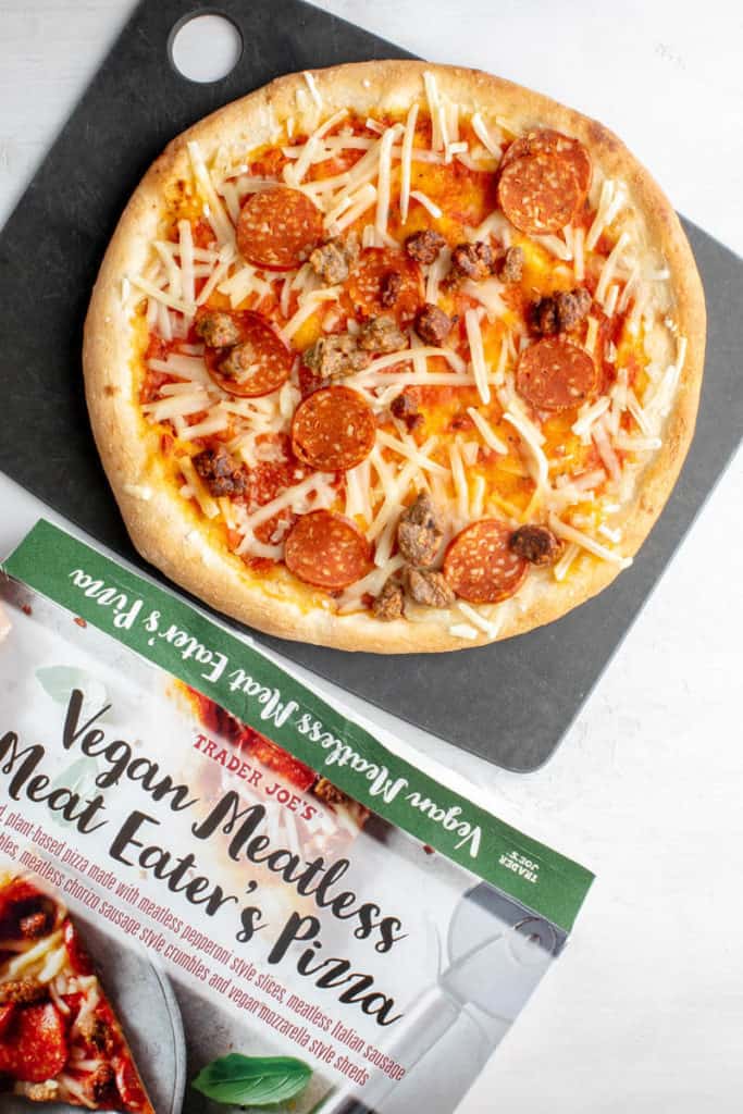 A fully baked Trader Joe's Vegan Meatless Meat Eater's Pizza