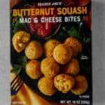 An unopened box of Trader Joe's Butternut Squash Mac and Cheese Bites