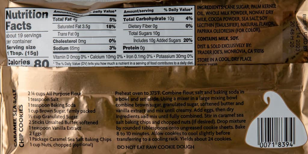 Nutritional information, calories, and ingredients in Trader Joe's Caramel Sea Salt Baking Chips