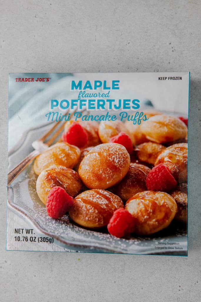 Trader Joe's Maple Poffertjes Mini Pancakes unopened on a grey surface