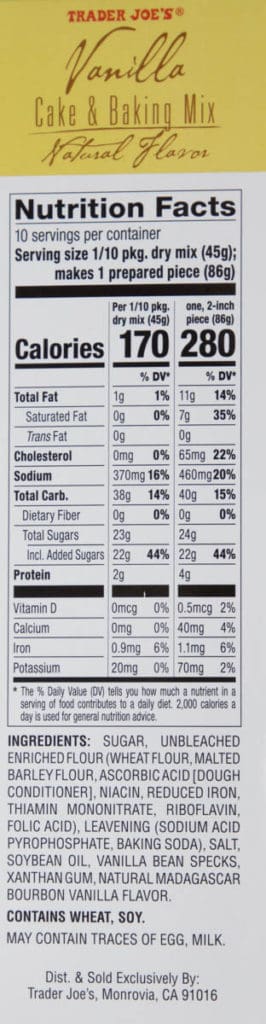 Nutritional information and ingredients in Trader Joe's Vanilla Cake and Baking Mix