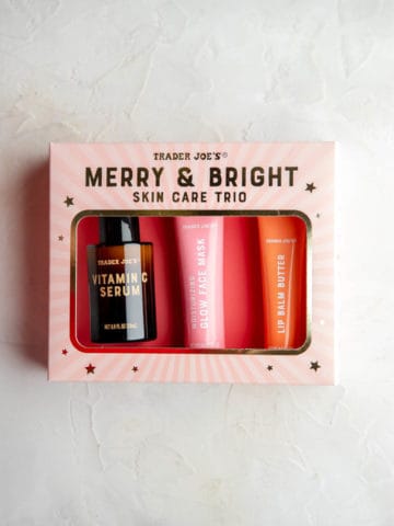 A unopened box of Trader Joe's Merry and Bright Skin Care Trio