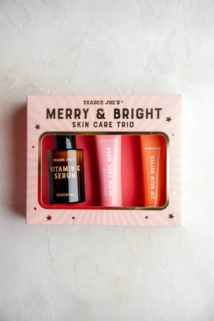 A unopened box of Trader Joe's Merry and Bright Skin Care Trio