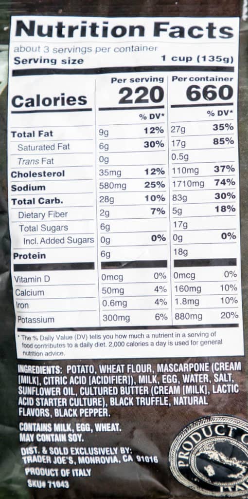 Nutritional facts and calories in Trader Joe's Truffle Cream Filled Gnocchi