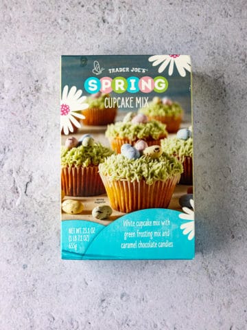 Trader Joe's Spring Cupcake Mix unopened box on a grey surface