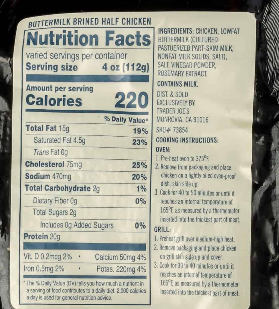 Trader Joe's Buttermilk Brined Half Chicken ingredients, nutritional facts, and cooking directions.