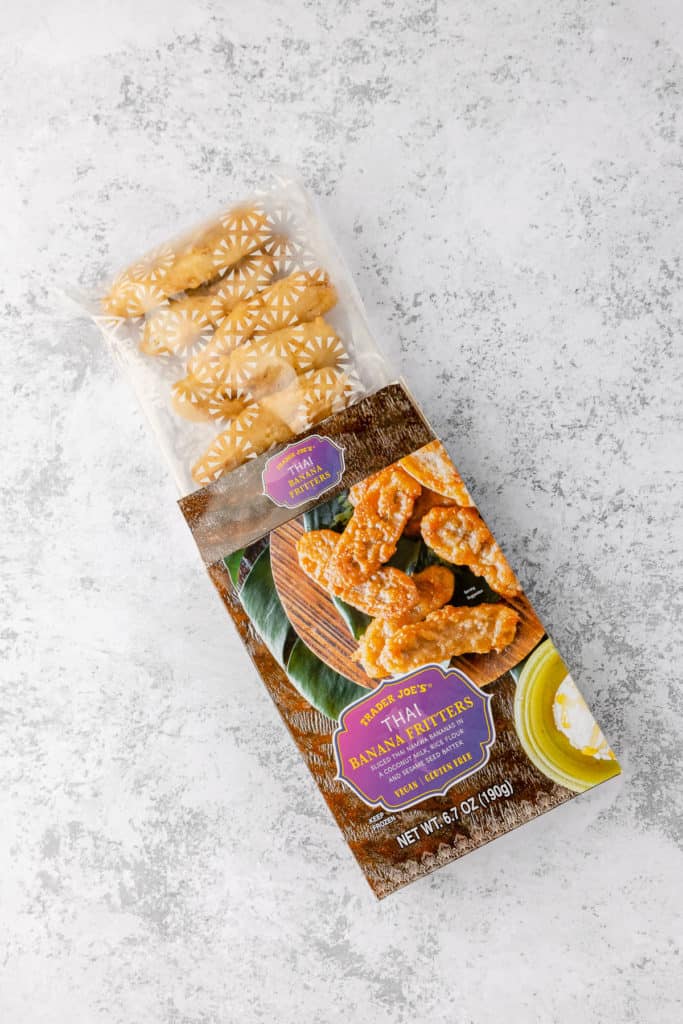 Trader Joe's Thai Banana Fritters opened showing the packaging.