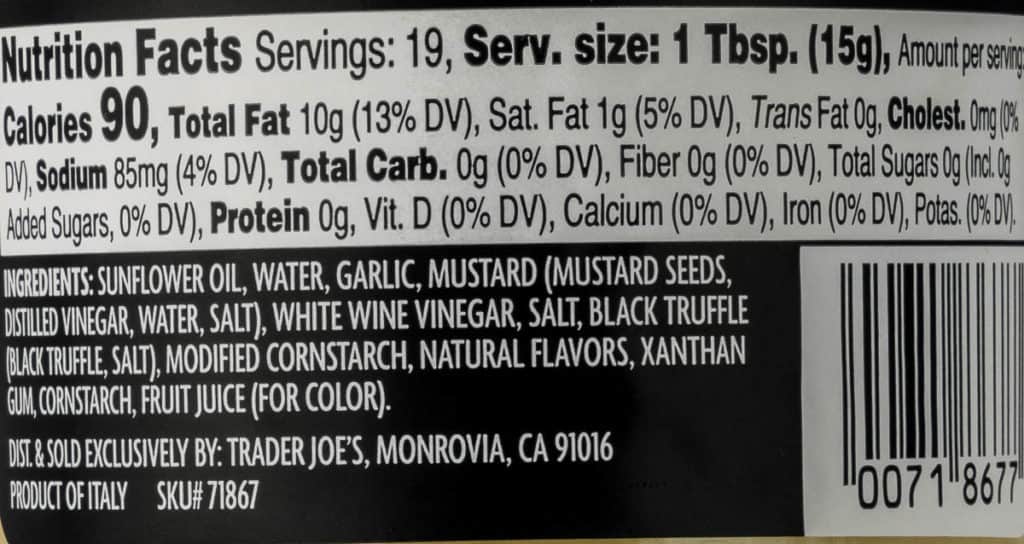 Nutritional facts, calories, and ingredients in Trader Joe's Truffle Aioli.