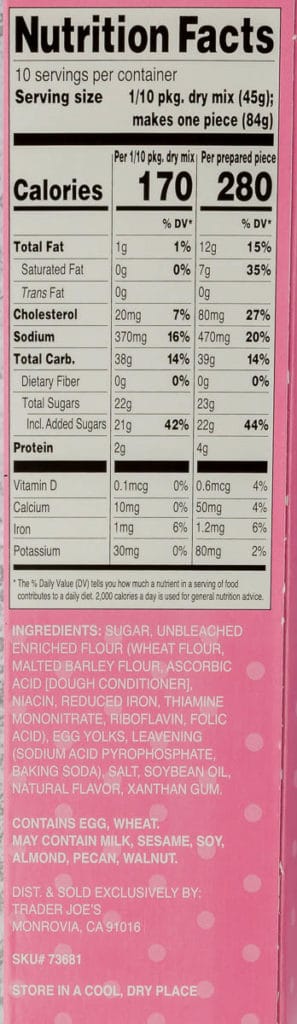 Nutritional facts and ingredients listed on the side of a box of Trader Joe's Yellow Cake and Baking Mix.
