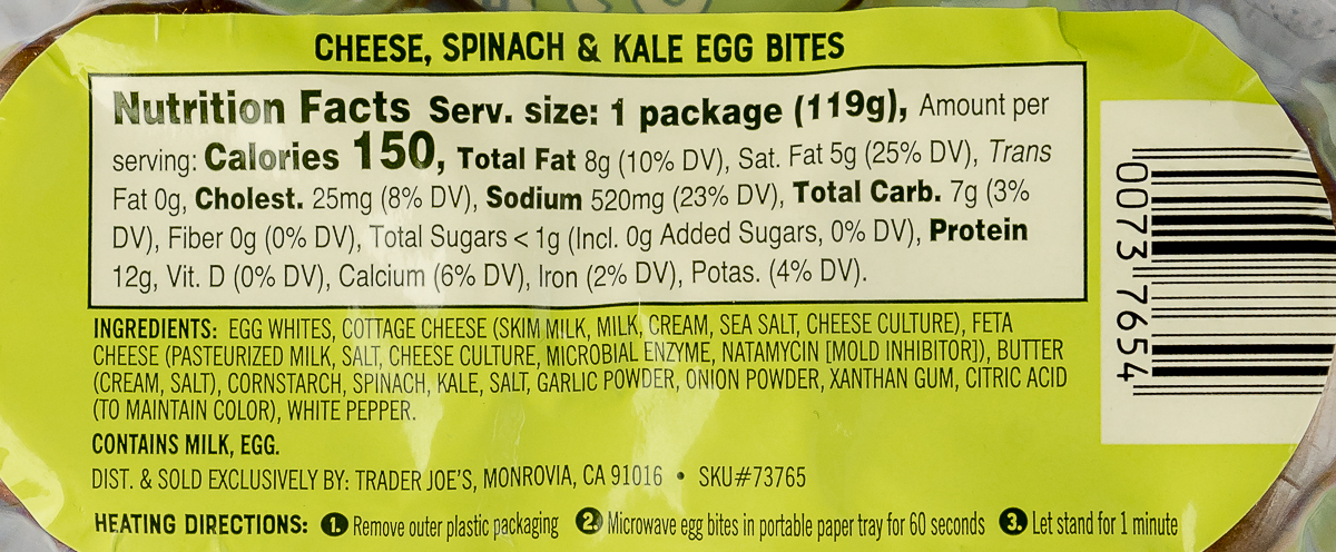Trader Joe's Egg Bites Cheese, Spinach, and Kale Calories, Nutritional facts, ingredients, and directions.