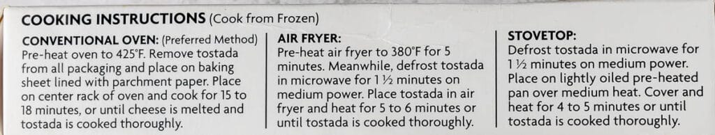 Cooking instructions for Trader Joe's Layered Beef Tostada.
