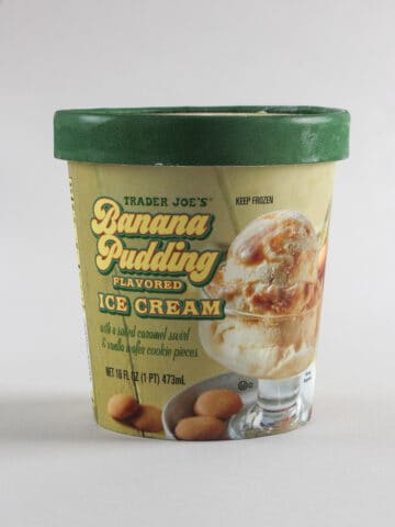 An unopened container of Trader Joe's Banana Pudding Ice Cream