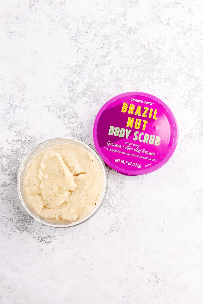 An open package of Trader Joe's Brazil Nut Body Scrub showing the contents.