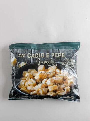 An unopened bag of Trader Joe's Cacio e pepe gnocchi.