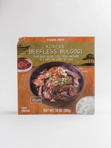 Trader Joe's Korean Beefless Bulgogi box un opened on a grey surface.