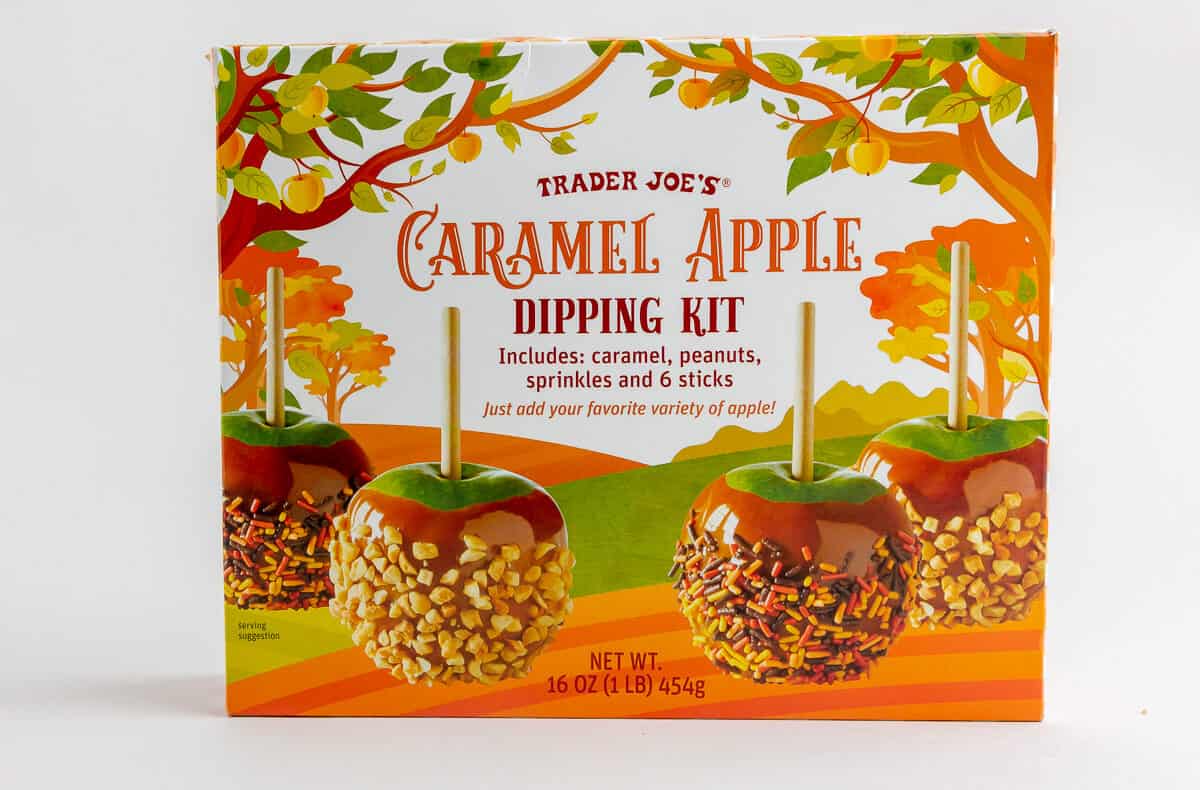 An unopened box of Trader Joe's Caramel Apple Dipping Kit.