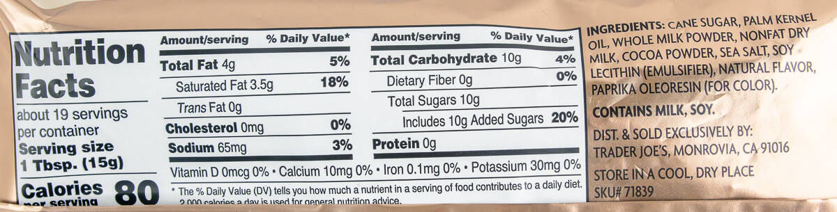 Trader Joe's Caramel Sea Salt Baking Chips nutritional facts, calories, and ingredients.