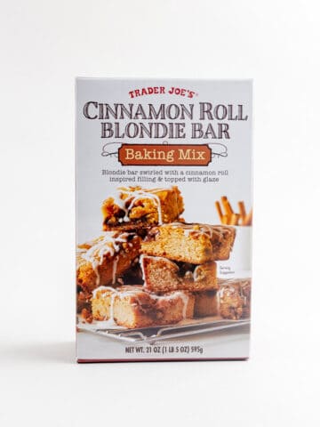 An unopened box of Trader Joe's Cinnamon Roll Blondie Bar Baking Mix.