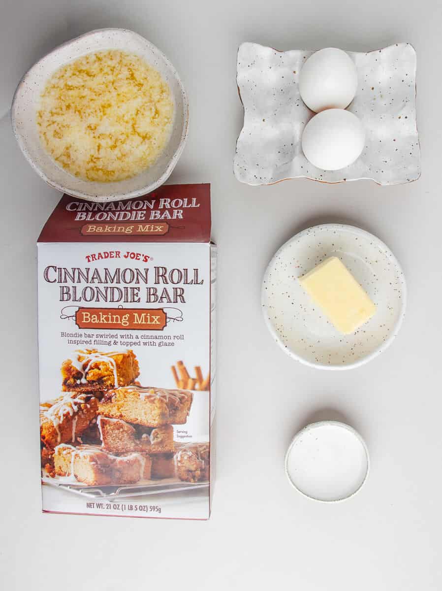Ingredients needed to make Trader Joe's Cinnamon Roll Blondie Bar Baking Mix.