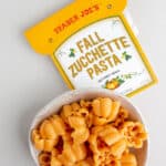 A bowl of Trader Joe's Fall Zucchette Pasta that has been cooked.