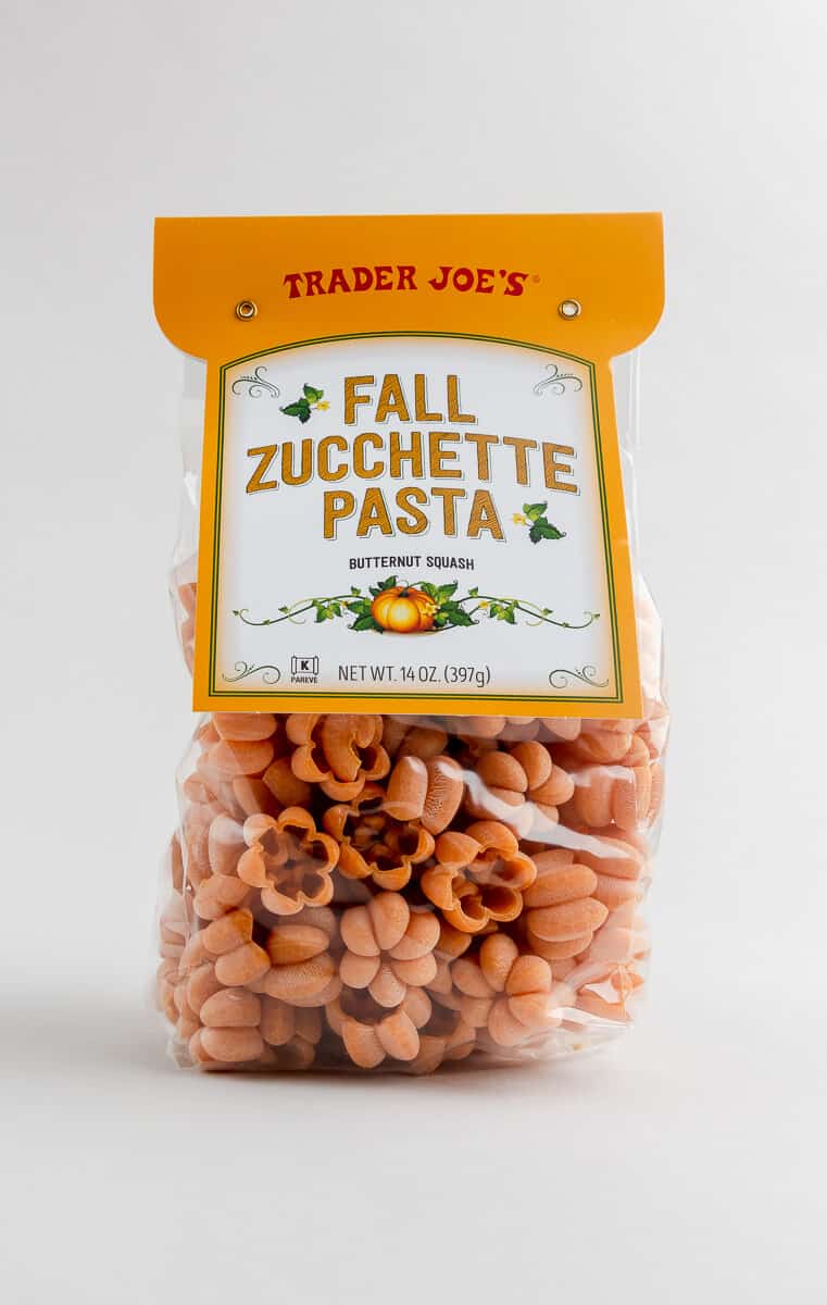 An unopened bag of Trader Joe's Fall Zucchette Pasta.