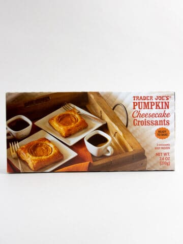 An unopened box of Trader Joe's Pumpkin Cheesecake Croissants.