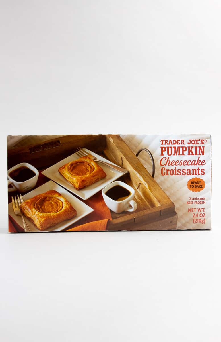 An unopened box of Trader Joe's Pumpkin Cheesecake Croissants.