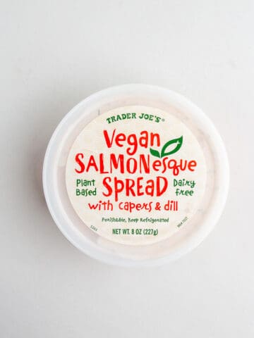 An unopened package of Trader Joe's Vegan Salmonesque Spread.