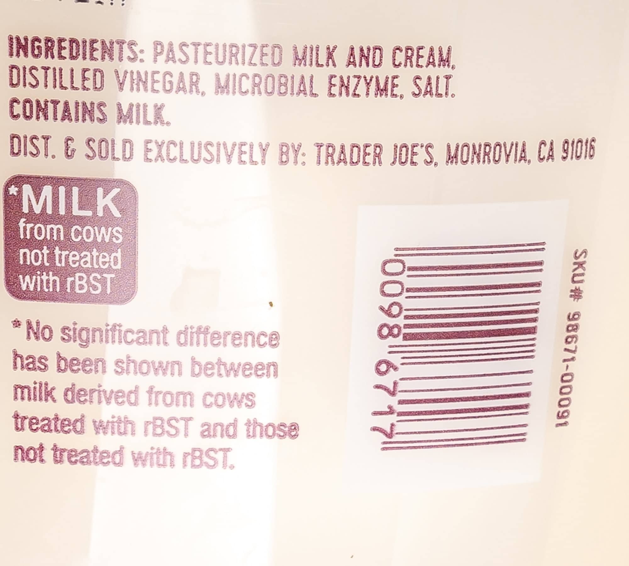 Trader Joe's Burrata ingredient list.