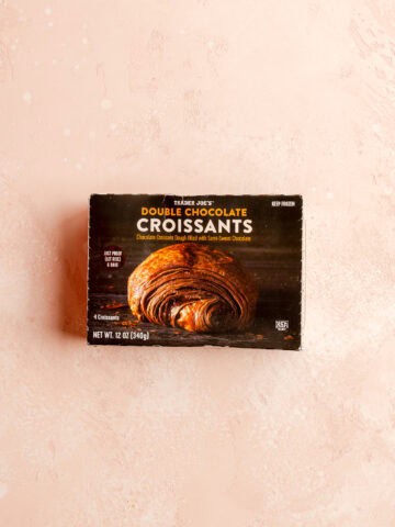 An unopened box of Trader Joe's Double Chocolate Croissants.