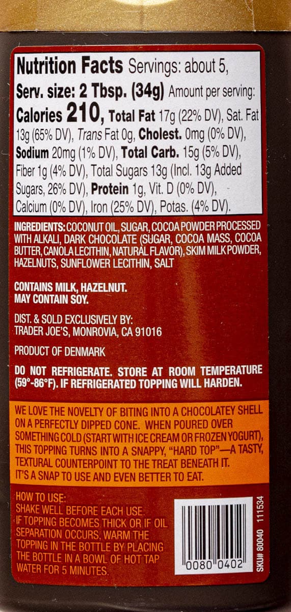 Nutritional facts and ingredients in Trader Joe's Hard Top Chocolate Shell Topping.