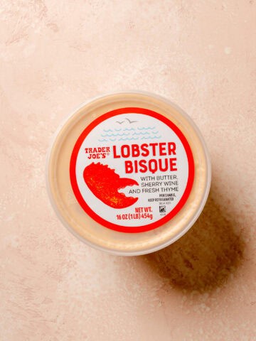 An unopened container of Trader Joe's Lobster Bisque.