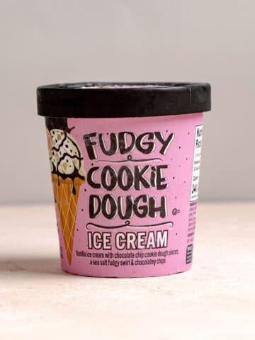 An unopened pint of Trader Joe's Fudgy Cookie Dough Ice Cream