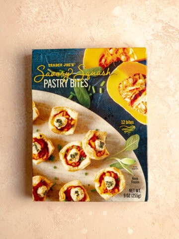 An unopened box of Trader Joe's Savory Squash Pastry Bites.