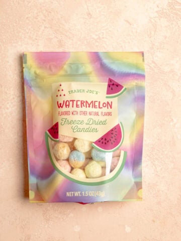 An unopened bag of Trader Joe's Watermelon Freeze Dried Candies.