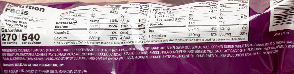 Nutritional facts and ingredients in Trader Joe's 3 Cheese Pasta with Eggplant.