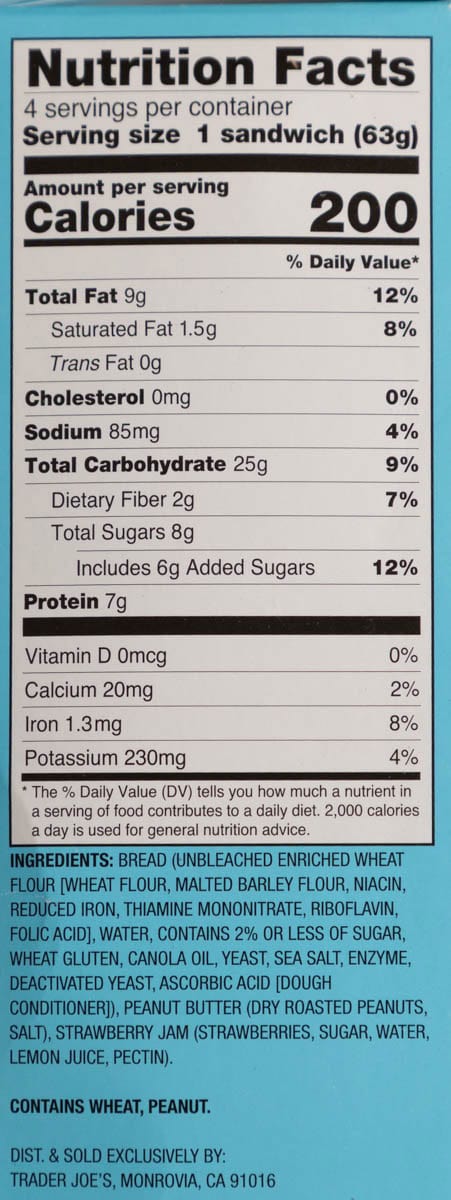 Nutritional facts and ingredients in Trader Joe's Crustless Peanut Butter and Strawberry Jam Sandwiches.