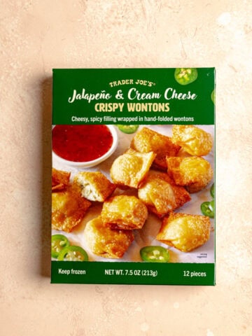An unopened box of Trader Joe's Jalapeno and Cream Cheese Crispy Wontons.