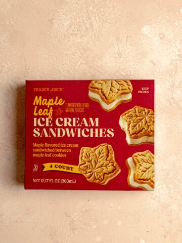 An unopened box of Trader Joe's Maple Leaf Ice Cream Sandwiches.