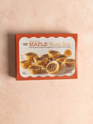 An unopened box of Trader Joe's Teeny Tiny Maple Butter Tarts.