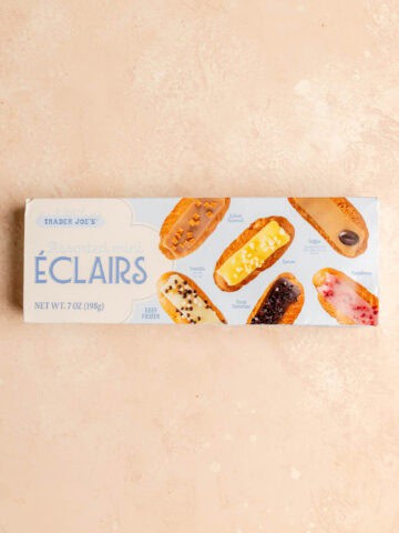 An unopened box of Trader Joe's Assorted Mini Eclairs.