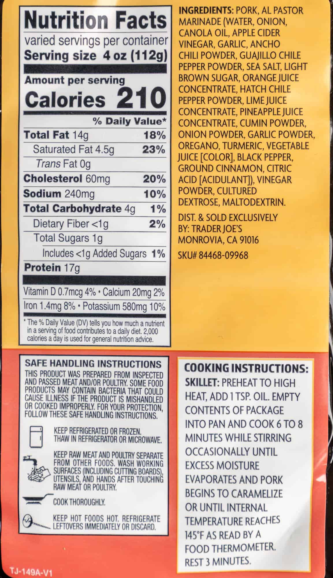 Nutritional facts, ingredients in Trader Joe's Al Pastor Diced Pork Shoulder.