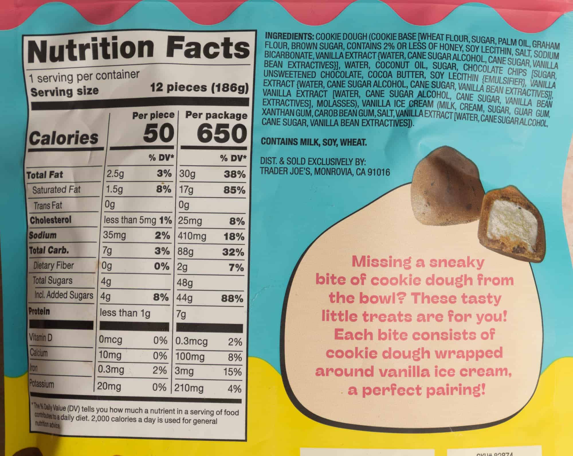 Nutritional facts, calories, and ingredients in rader Joe's Cookie Dough Ice Cream Bites.