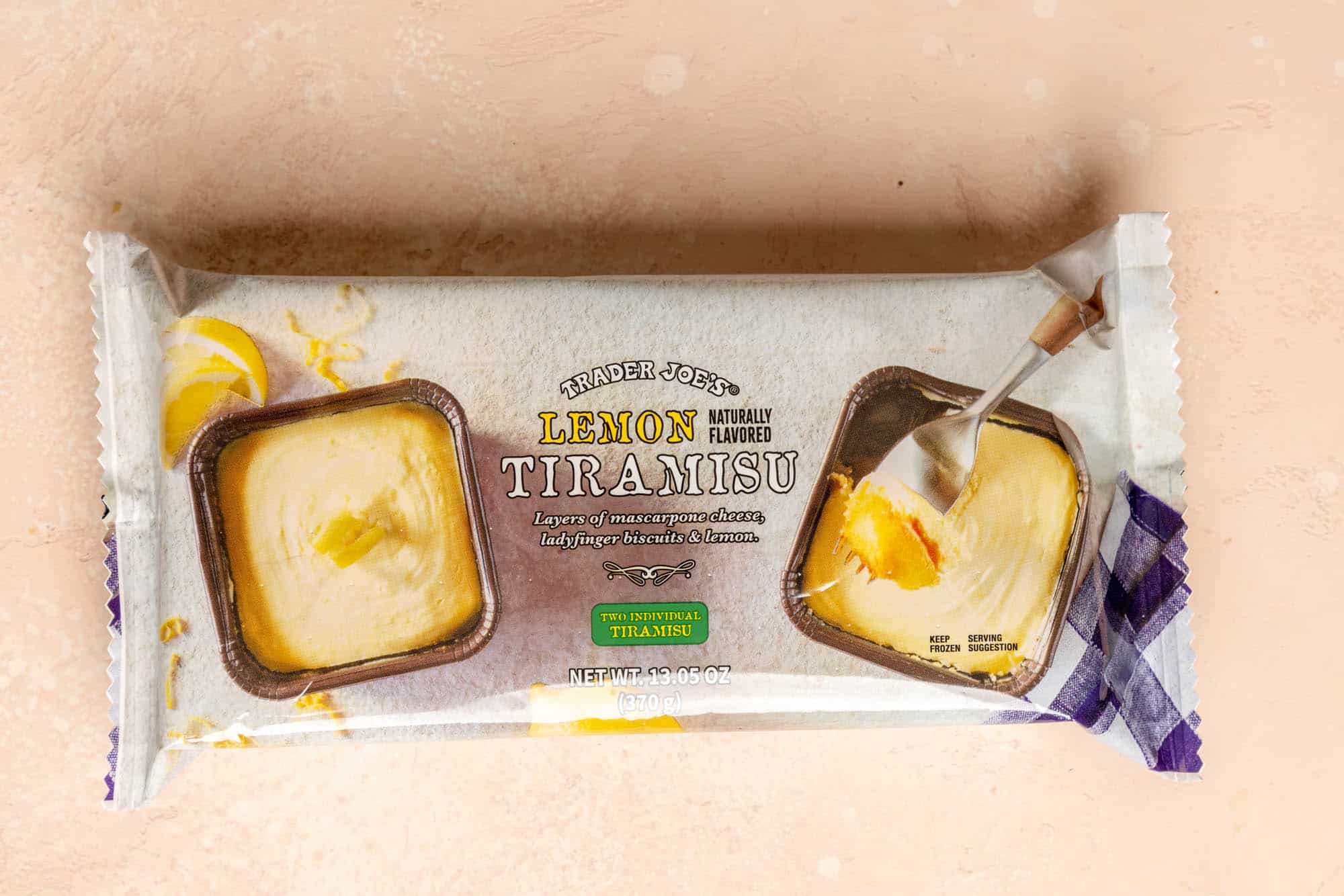 Trader Joe's Lemon Tiramisu on a pink surface.